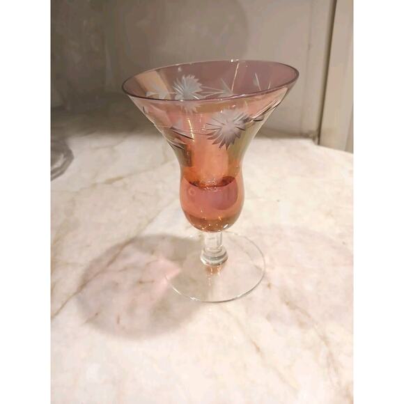 Murano Etched 1 Cocktail Cordial Glass Red 5" Barware Hand Blown Italy Antique - Picture 5 of 12